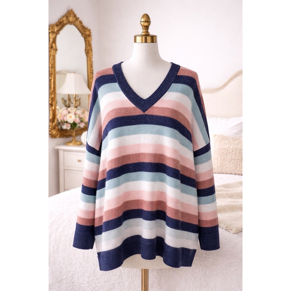 J. Jill Knit Sweater Multicolor Striped Cotton Blend V-Neck Size Large Petite LP